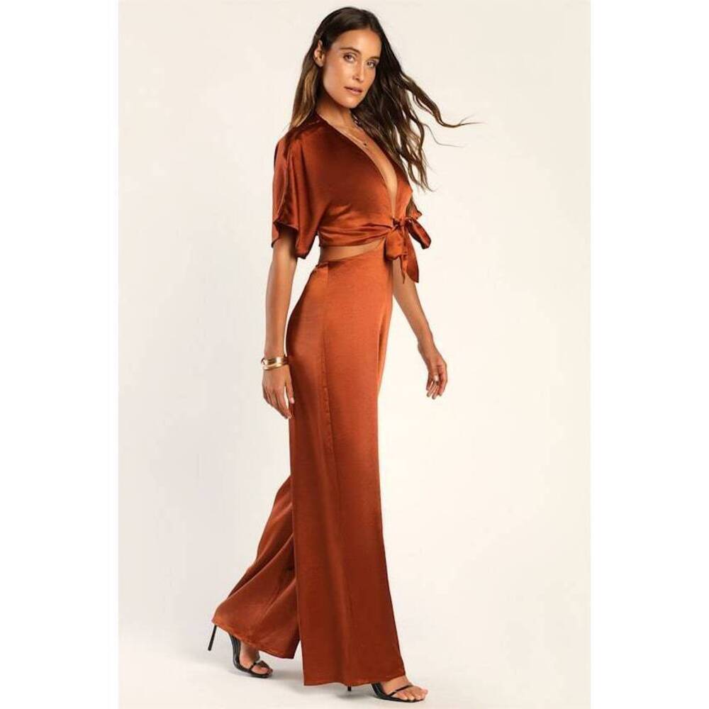 Lulus Rust Brown Tie-front Two-piece Wide-leg Jumpsuit